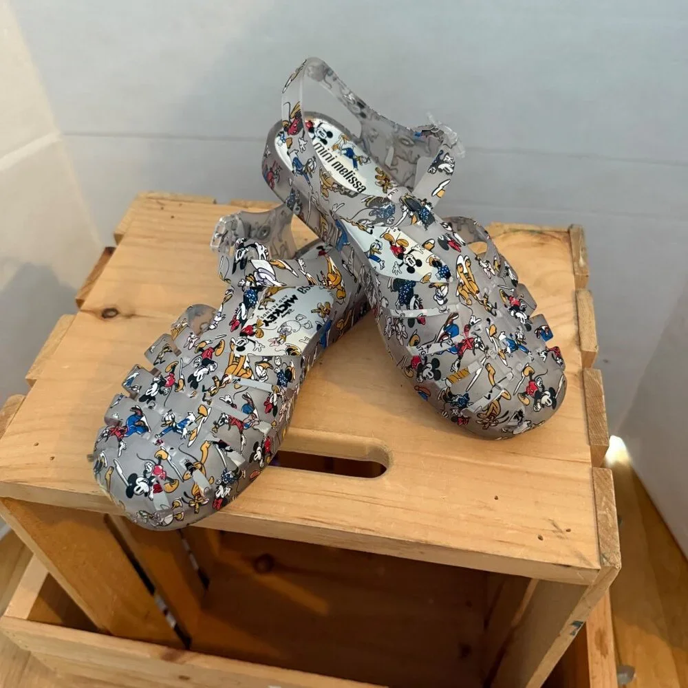 Disney x Mini Melissa Size 2 Gray Mickey & Friends Roman Fisherman Jelly Sandals